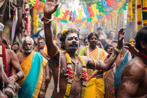 The rhythmic sound and movement of traditional South Indian music and dance performed during Thaipusam, emphasizing the energy and emotion. Soft focus