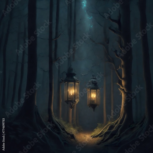 a mysterious forest illuminated by the soft flicker of a lantern