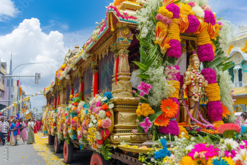 The elaborate and colorful floral decorations adorning the chariots carrying deities during the Thaipusam procession, capturing the ornate beauty. Sel