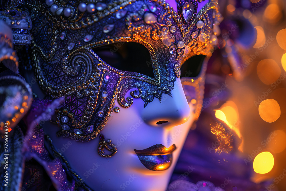 A carnival mask adorned with elaborate gemstones and glittering embellishments, captured in soft, diffused lighting to accentuate its luxurious textures and vibrant hues.
