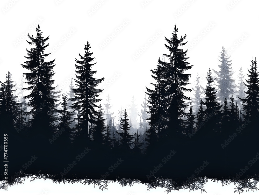 Obraz premium silhouette of pine forest on white, Redwood tree-line silhouette