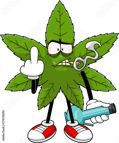 Angry Marijuana Leaf Cartoon Character With A Joint Showing Middle Finger. Vector Hand Drawn Illustration Isolated On Transparent Background