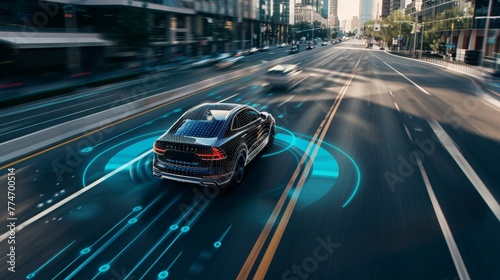 Electric Car in Autonomous Driving Mode on Street at Dusk