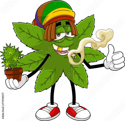 Funny Marijuana Leaf Cartoon Character With A Joint  Holding Cannabis Plant In Pot. Vector Hand Drawn Illustration Isolated On Transparent Background