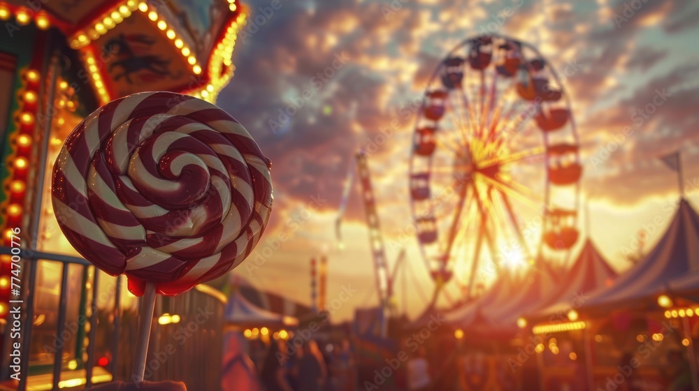 Φωτογραφία Vintage fairground kid winning giant lollipop at ring toss