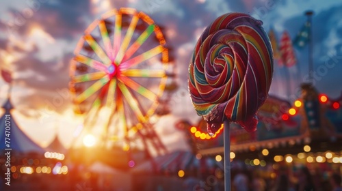 Vintage fairground kid winning giant lollipop at ring toss