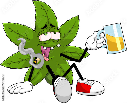 Happy Marijuana Leaf Cartoon Character Smoking A Joint Holding A Glass Of Beer. Vector Hand Drawn Illustration Isolated On Transparent Background