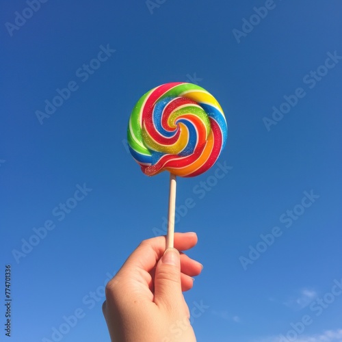 Hand holding a rainbow swirl lollipop against a clear blue sky