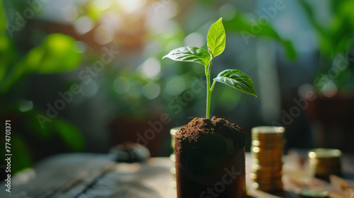 A pot filled with earth and a green sprout representing investment, savings, and environmental consciousness photo