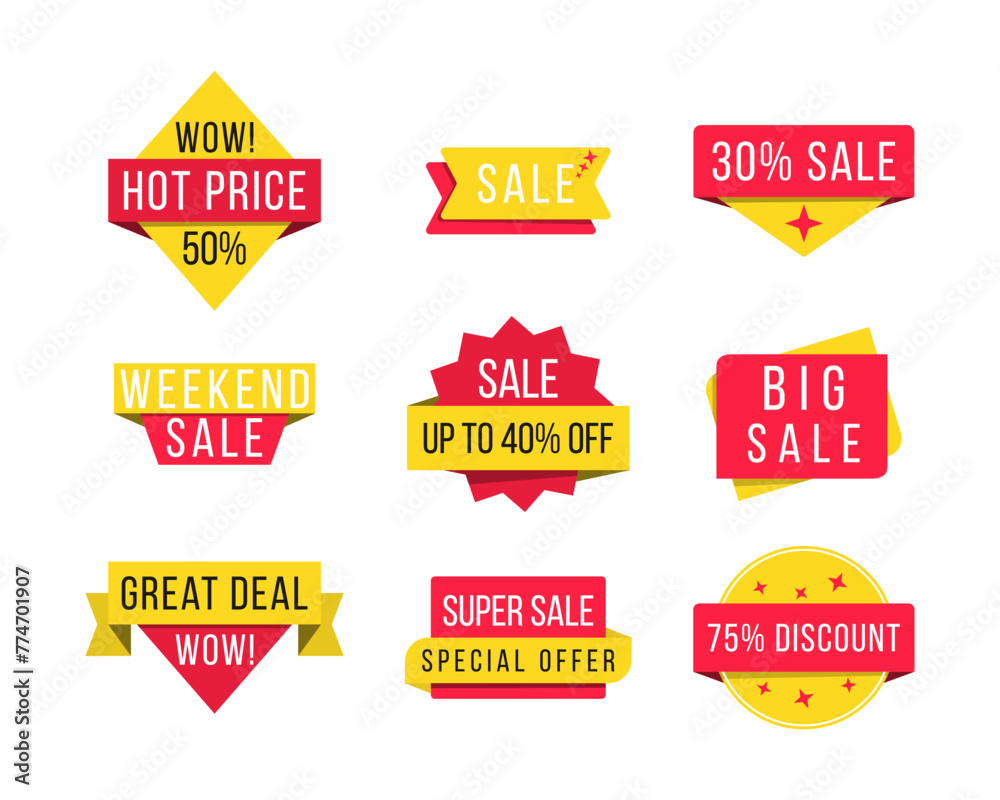 Set of promotional badges and sale tags, modern design for website and advertising. Big sale, new offer and best price, discount for promotional event banners.