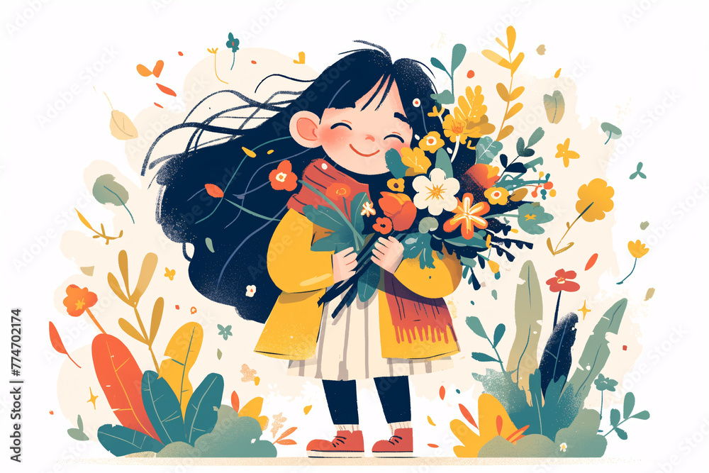 Illustration of girl holding flowers in hands, Thanksgiving Teacher's Day and Mother's Day concept illustration