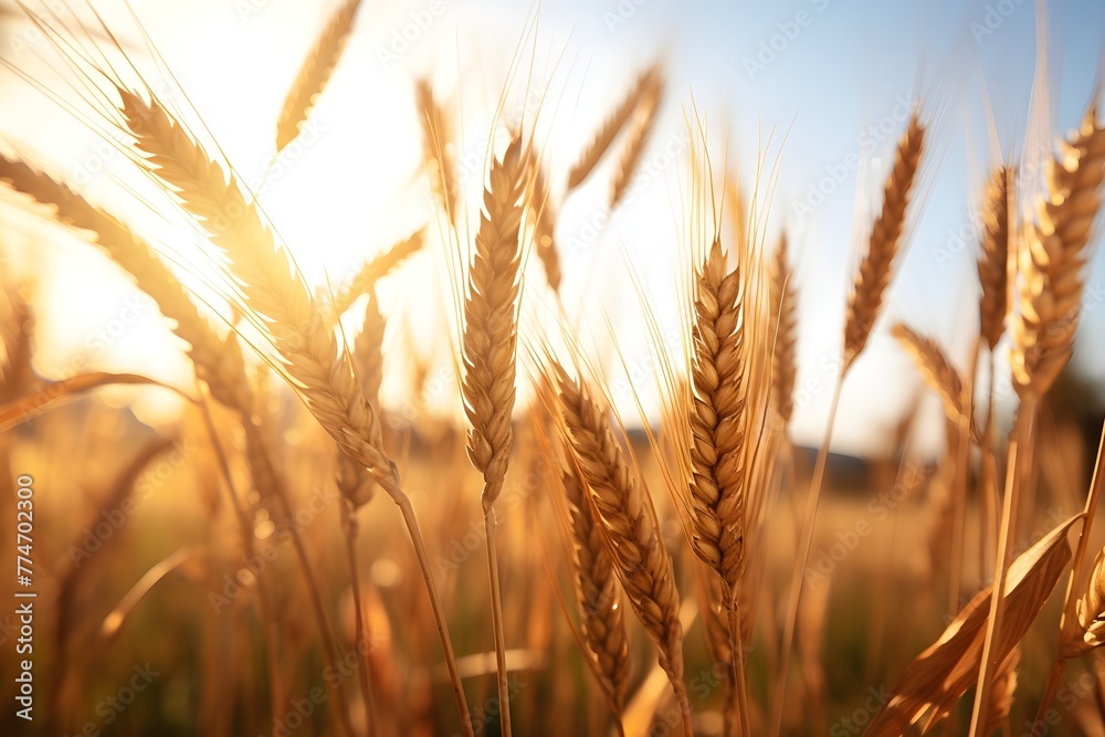 Fototapeta premium Golden wheat field background wallpaper, blurred defocused background 