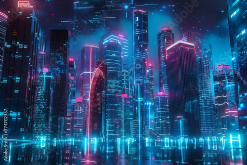 A nocturnal cityscape featuring towering neon-lit buildings and holographic displays reflecting off translucent glass structures in a cyberpunk world.