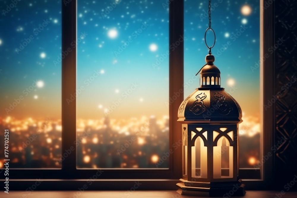 Eid mubarak and ramadan kareem greetings with islamic lantern and mosque. Eid al fitr background