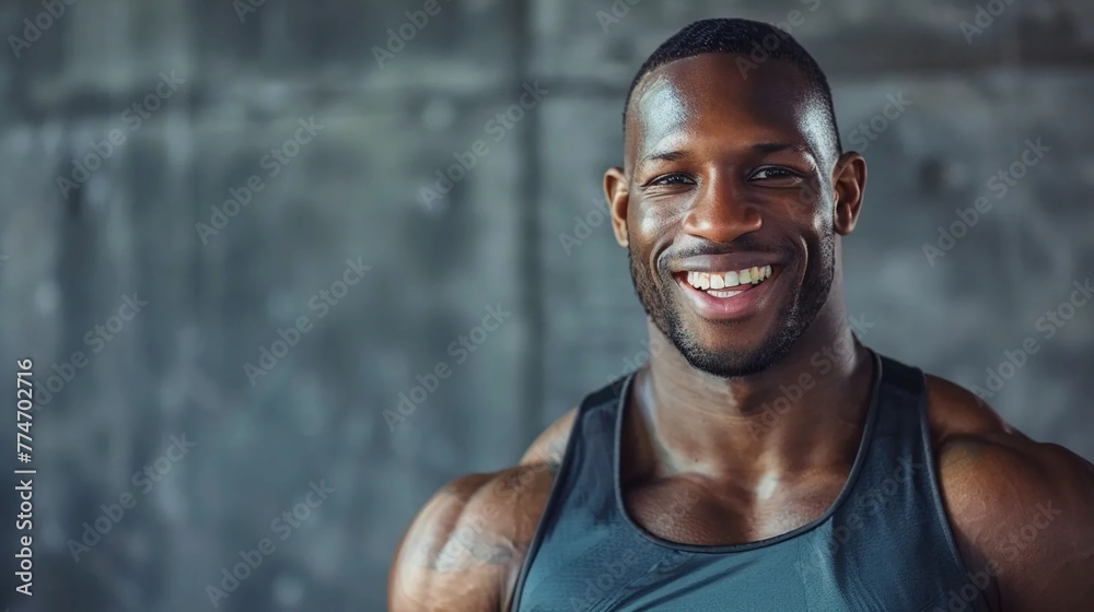 A smiling personal trainer, a muscular, dark-skinned, athletic man