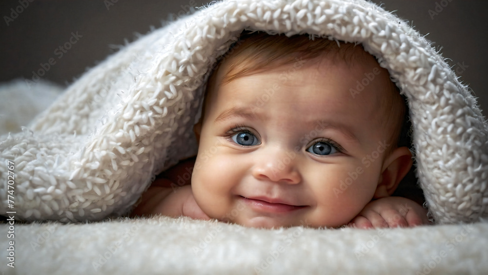 Funny and cute little baby smiling under white blanket Funny and cute little baby smiling under white blanket