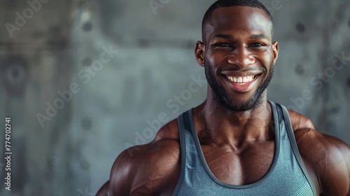 A smiling personal trainer, a muscular, dark-skinned, athletic man