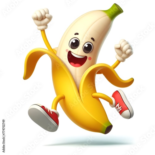 Character of a cheerful active banana who rejoices and is satisfied on a white background