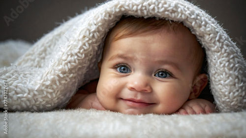 Funny and cute little baby smiling under white blanket