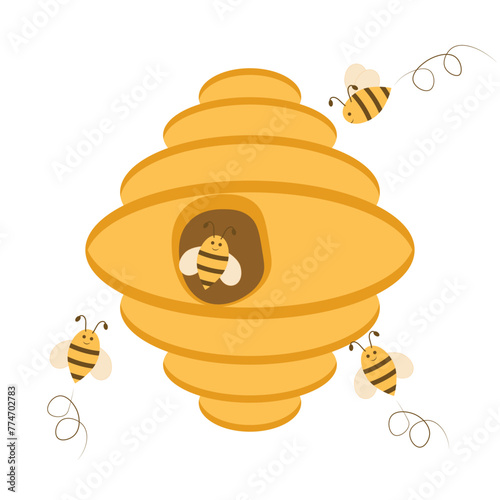 Yellow bee hive with bees on a white background. Vector illustration of a bee house with a round entrance. Bees near the hive