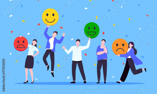 Employee satisfaction attitude survey feedback business concept flat style vector illustration. Business people with various feedback emoticons. Working happiness wellbeing and satisfaction feedback