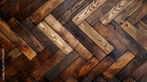 Rich Parquet Wood Flooring Pattern. Elegantly arranged parquet wood flooring exhibits a rich tapestry of textures and hues, demonstrating intricate craftsmanship photo