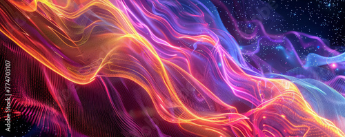 A featuring flowing neon lines and translucent colors that evoke a sense of digital energy and movement.