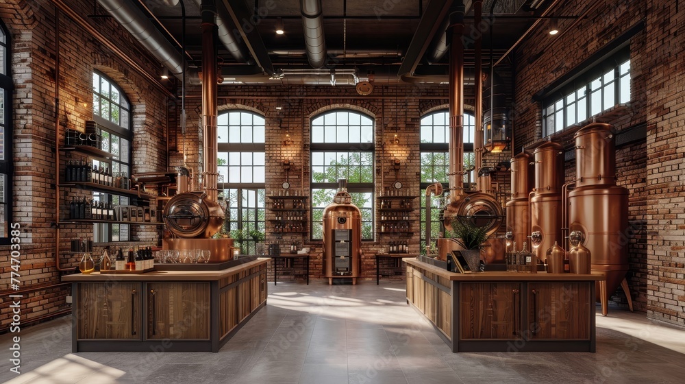 A large room with a lot of copper and brick elements. The room is filled with various items such as bottles, vases, and potted plants. The atmosphere is warm and inviting, with a sense of history