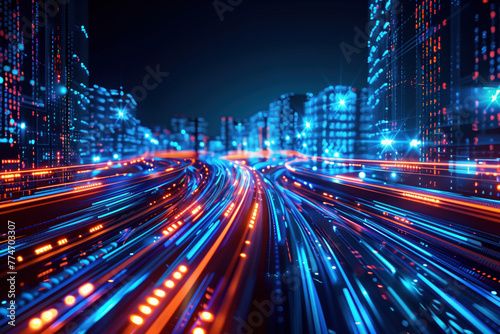 Futuristic city with motion blur and lights. Background image. Created with Generative AI technology.