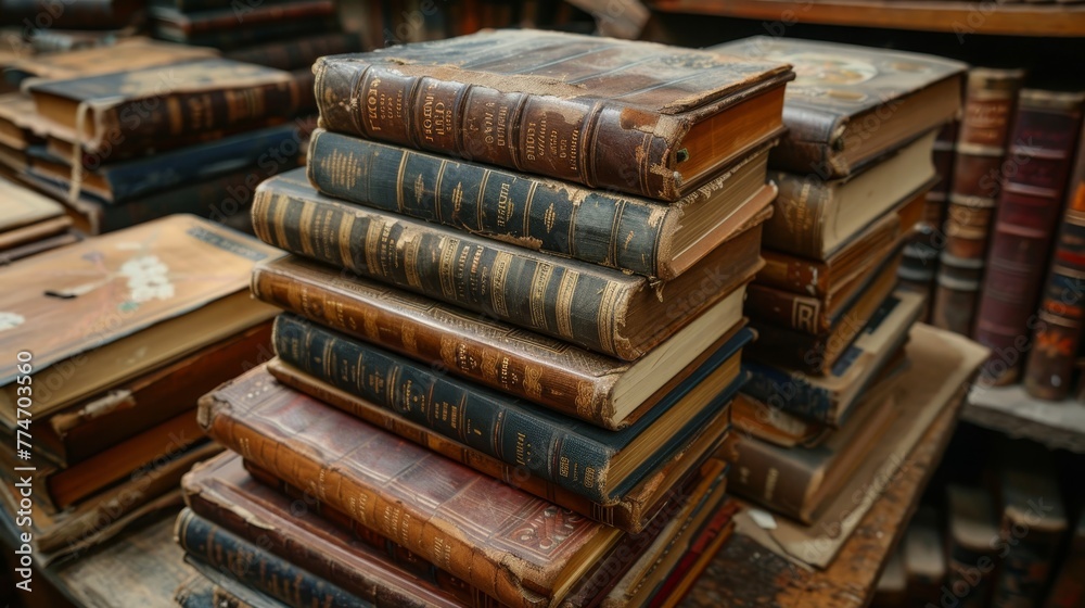 A stack of old books with a brown cover. The books are piled on top of each other A stack of old books with a brown cover. The books are piled on top of each other