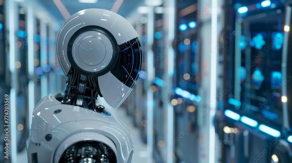 Robot Standing in Front of Row of Servers Robot Standing in Front of Row of Servers