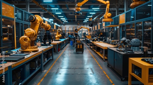 A large industrial building with a yellow robot in the middle. The robot is surrounded by other robots and machinery. Scene is industrial and futuristic