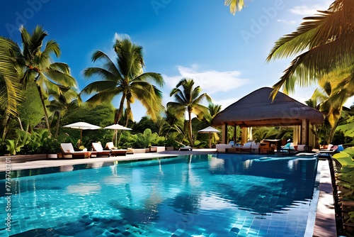 A pool with palm trees and a hut