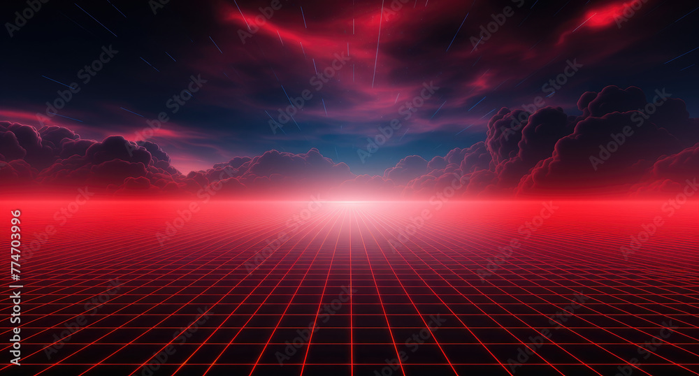 Synthwave background. Dark Retro Futuristic backdrop with red perspective grid and sky full of stars. Horizon glow. Abstract Retrowave template. 80s Vaporwave style. Stock vector illustration