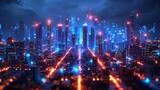 A cityscape with a blue sky and orange lights. The city is lit up and he is futuristic