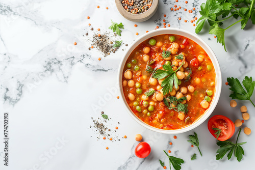 Harira (rich soup with tomatoes, lentils, chickpeas, and lamb, seasoned with herbs and spices)