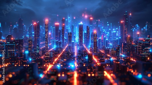 A cityscape with a blue sky and orange lights. The city is lit up and he is futuristic