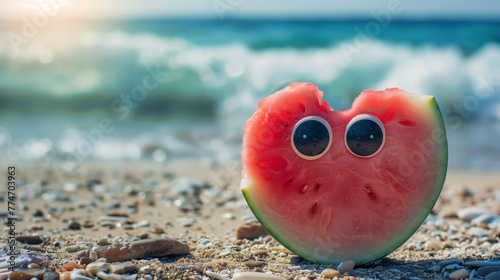 A cute slice of watermelon with two eyes on the beach, with ocean waves in the background. Summer and food background. Travel promotion