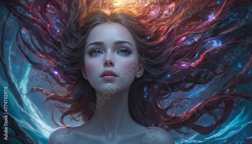 An ocean nymph with swirling hair and a serene expression floats underwater, surrounded by bioluminescent tendrils and a sense of deep tranquility. AI Generation