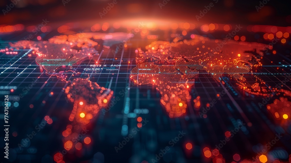 A computer screen shows a map of the world with a red glow. The map is filled with dots, which represent the cities and towns. The red glow gives the image a futuristic and technological feel