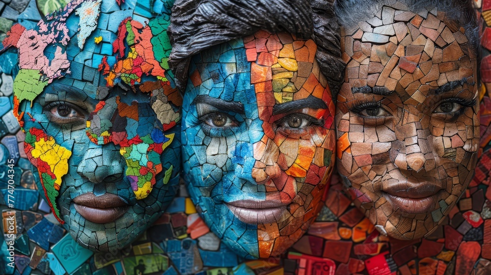 Three women with colorful faces painted on them. The faces are made up of different colors and patterns, giving them a unique and artistic appearance. The women are standing close together Three women with colorful faces painted on them. The faces are made up of different colors and patterns, giving them a unique and artistic appearance. The women are standing close together