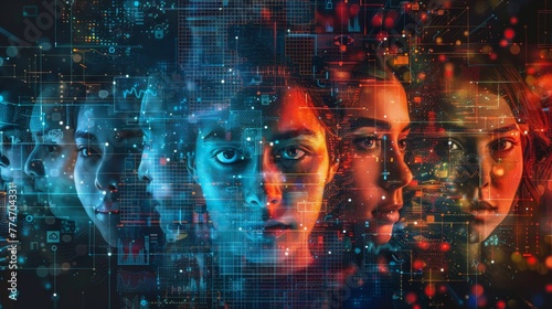 A group of people's faces are shown in a computer screen. The faces are distorted and pixelated, giving the impression of a futuristic or dystopian world. Scene is one of uncertainty and unease