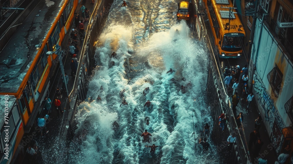 A group of people are swimming in a river with a bus in the background. Scene is lively and energetic A group of people are swimming in a river with a bus in the background. Scene is lively and energetic