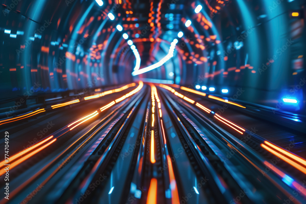 Moving with high speed in a tunnel. Transport industry. Motion blur. Created with Generative AI technology.