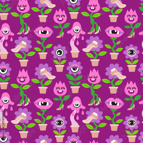 Seamless pattern of home plants. Crazy disco dancing pink and purple flowers in flat style on purple background © Nataliia
