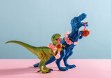 Cute blue and green dinosaurs drink coconut water and wear flower necklace on pink and blue background.
