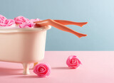 Smooth doll legs in hot bath with pink roses on blue and pink background. Spa and depilation concept.