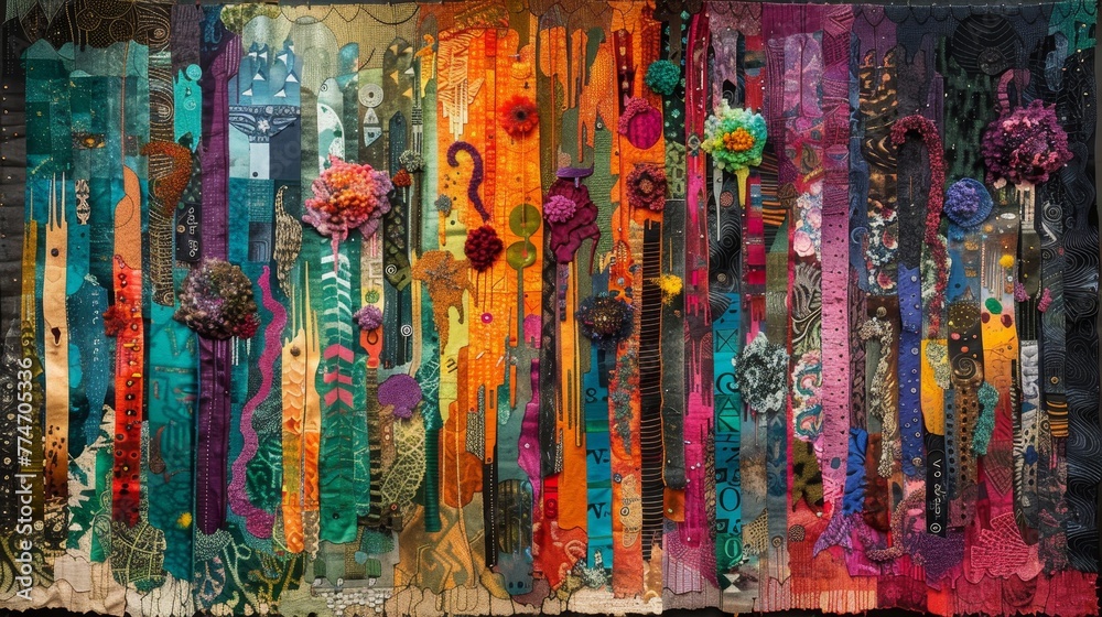 A colorful painting of flowers and trees with a variety of colors. The painting is a collage of different colored fabrics and has a whimsical and playful feel to it