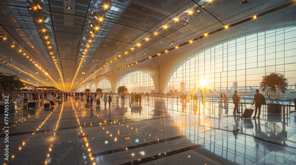 A large airport terminal with people walking around and luggage. The sun is setting, casting a warm glow on the scene A large airport terminal with people walking around and luggage. The sun is setting, casting a warm glow on the scene