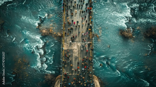 A bridge over a body of water with a large crowd of people on it. Scene is lively and bustling, with people going about their day